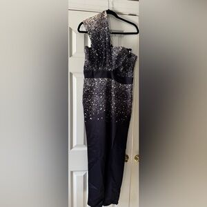 Chic One-Shoulder Black, Silver, & Gold Jumpsuit